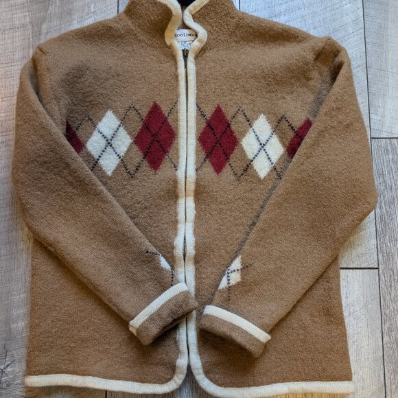 RARE Vintage 100% Wool  Camel Tan w/ Cream Trim Argyle Zip Cardigan | Size S/M - Picture 7 of 12